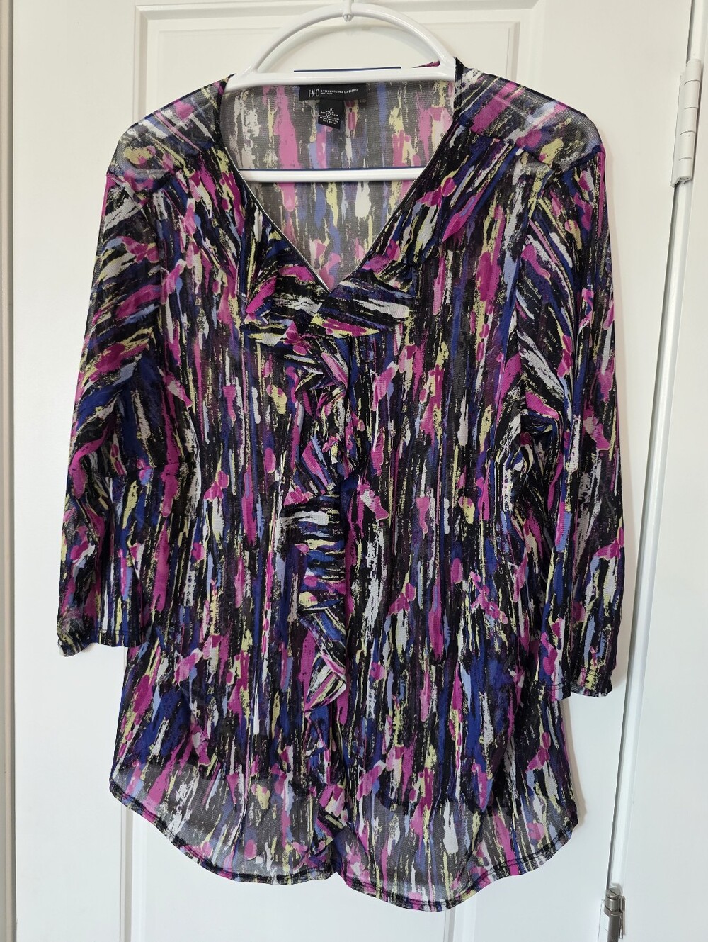 INC International Concepts 1X Abstract Mesh Ruffle Blouse Purple Pink Sheer Top